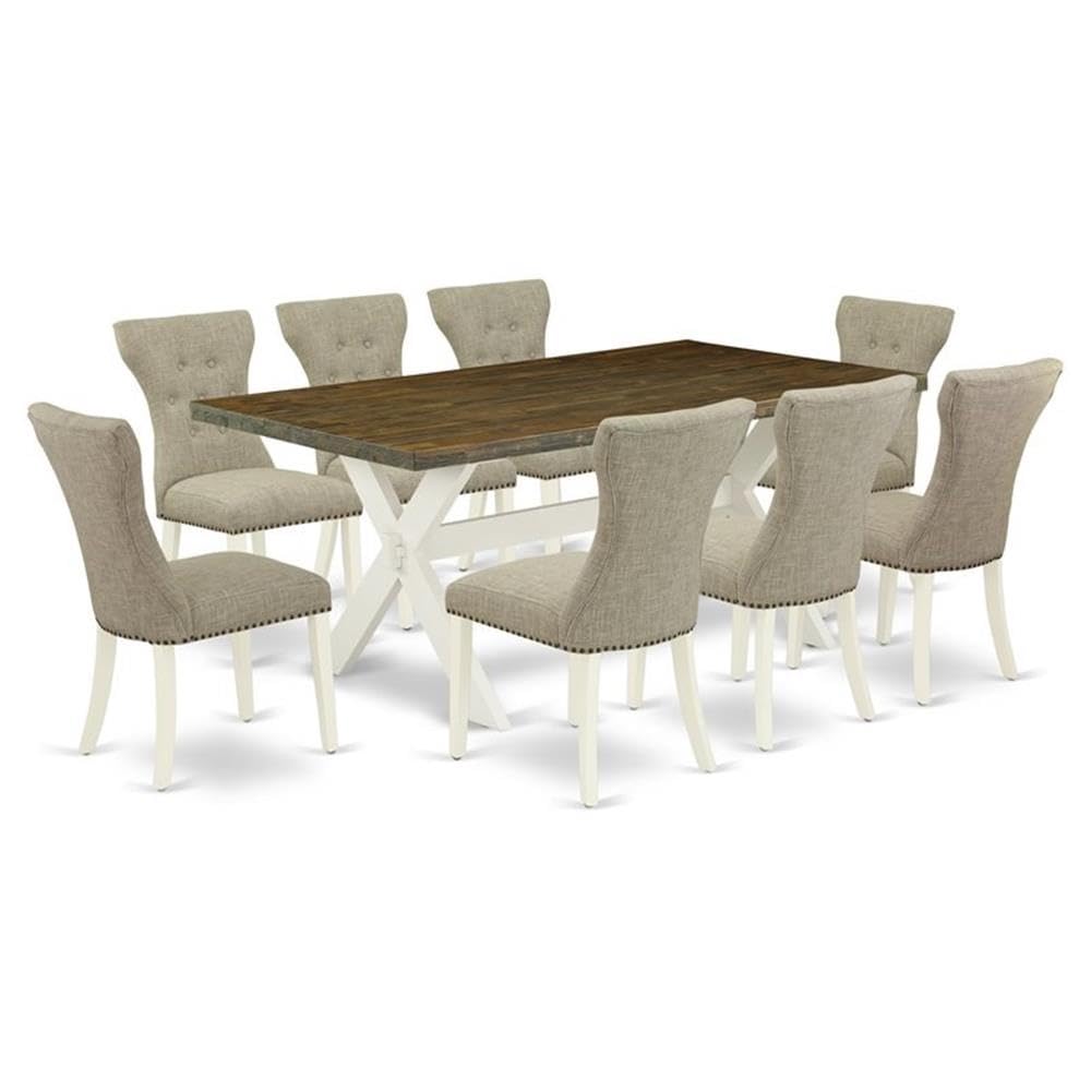 East West Furniture X077Ga235-9 9 Piece Dining Room Furniture Set Includes A Rectangle Dining Table With X-Legs And 8 Doeskin Linen Fabric Upholstered Chairs, 40X72 Inch, Multi-Color